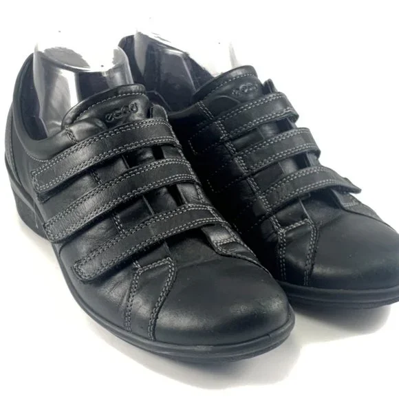Ecco Shoes Ecco 3strap Black Leather Wedge Walking Shoes